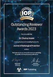 Outstanding Reviewer Awards untuk Dr. Anam dari Journal Of Radiological Protection (JRP)